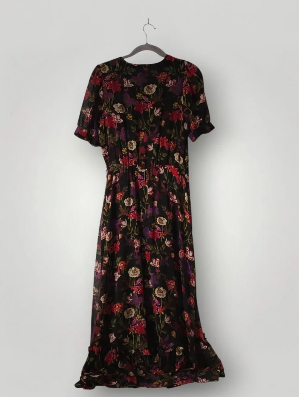 Calvin Klein 4 Black Floral Chiffon‎ Maxi Dress Short Sleeve V-Neck Ruffle Hem